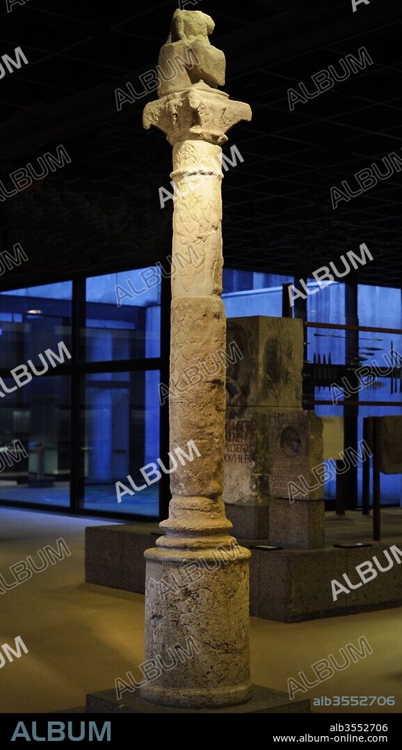 Votive column dedicated to God Jupiter, typical of the provinces of Gaul and Germania. Probably imitates an existing column on the Capitoline hill of Rome. 200 AD. Limestone of Lorraine. Found in Cologne, Germany.