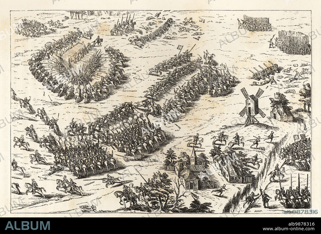 The Battle of Dreux, 19. Dec. 1562, won by the Catholic Francis Duke of Guise over the Huguenots. Saint-Andres marshal is killed by a pistol ball. Bataille de Dreux (19 Dec. 1562), gagnee par Francois de Guise. Sur le premier plan, le marechal de Saint-Andre est tue dun coup de pistolet par un soldat. Woodcut by Etienne Huyot and Jules Huyot from Paul Lacroixs La Vie Militaire et Religieuse au Moyen Age et a lEpoque de la Renaissance, Military and Religious Life in the Middle Ages and the Renaissance, Paris, 1873.