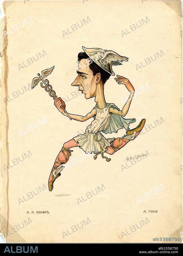 NIKOLAI GUSTAVOVICH LEGAT. Ballet dancer and choreograf Michel Fokine (From: Russian Ballet in Caricatures).
