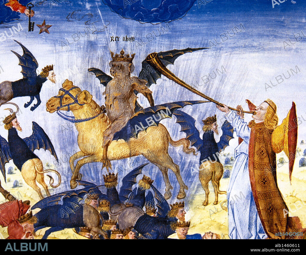 EL APOCALYPSIS. Ultimo libro canónico del Nuevo Testamento, atribuido al apóstol San Juan. Miniatura del s. XV donde se representa el Capítulo IX "EL QUINTO ANGEL TOCANDO LA TROMPETA, ABRIENDO EL POZO DEL ABISMO Y SURGIENDO LANGOSTAS CON APARIENCIA DE CABALLOS CON CABEZAS DE HOMBRE Y CORONAS DE ORO, EN EL CENTRO EL REY ANGEL DEL ABISMO, ABBADON (El Exterminador) ". Libro "Floridus". Castillo de Chantilly. Francia.