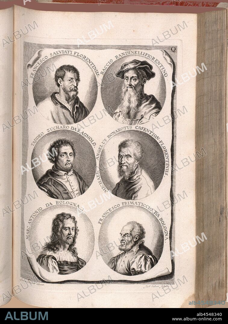 Francesco Salviati Florentinus, Baccio Bandinelli Fiorentino, Taddeo Zucharo by S. Agnolo, Angelus Bonarotus Casention. Florentinus, Antonio da Bologna, Francesco Primaticcio from Bologna, Portrait of Francesco Salviati, Baccio Bandinelli, Taddeo Zuccari, Michelangelo Buonarroti, Francesco Primaticcio, Date Appreciated, Signed: Joachim de Sandrart delineavit; Jacob Sandrart sculpsite, Fig. 16, Q, after p. 64, Sandrart, Joachim von (del.); Sandrart, Jakob von (sc.), 1774, Joachim von Sandrart:Teutsche Academie der Bau- Bildhauer- und Maler-Kunst: worinn die Regeln und Lehrsätze dieser Künste gegeben, nicht weniger zu mehrerer Erläuterung die besten Exempel der alten und neuen Künstler in Kupfer beygefüget worden, wie solche in Rom auf das genaueste abgezeichnet sind: nebst den Lebensbeschreibungen der besten griechischen, römischen und neuen Künstler, ingleichen der Anzeige ihrer vornehmsten Werke. Nürnberg: verlegt in der Johann Andreas Endterischen Handlung, 1768-1775.