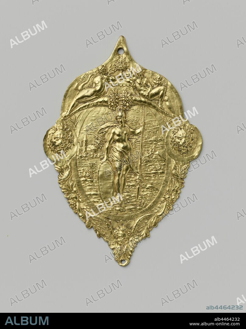 Minerva, Gilded bronze shield, surrounded by a cartouche. In an oval medallion the goddess with a spear and a white shield stands in front of a landscape, in which on the left is a church and on the right a farmstead, mountains in the background. In the border decoration two lion masks, a cherub and bunches of fruit. At the top Juno and Venus with Cupid, sitting on horns of abundance., Paulus Willemsz. van Vianen, München (possibly), c. 1575 - c. 1600, bronze (metal), gilding, h 11.6 cm × w 8.0 cm.