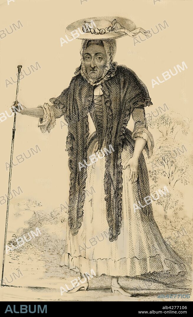 ROBERT COOPER. 'Jane Lewson, Remarkable for her age and pecularities', 1821. Portrait of elderly wealthy eccentric Jane Lewson (née Vaughan, died 1816) who claimed to have been born in 1700. She supposedly smeared herself with pig's fat instead of washing, and still wore the fashions of the reign of George I. From "Wonderful Characters: Comprising Memoirs and Anecdotes of the Most Remarkable Persons of Every Age and Nation", Vol. II, by Henry Wilson. [J. Robins and Co. Albion Press, London, 1821].
