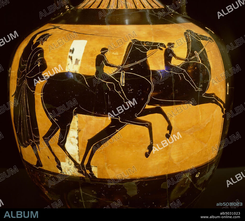 Attic black-figure panathenaeic amphora. Decoration of A. Athena Promachos and B. horse-racing with referee (sports scene) Near the Painter of Berlin 1833. Attic black-figured panathaeic amphora. A: Panathenaic Athena to the left between columns, on which cocks. Along the column for the goddess the traditional inscription TON ATHENETHEN ATHLON. B: A horse race between two jockeys (boys)., Vase, amphora, panathenaic amphora, pottery, blackfine, Attic, 66.4 cm, blackfinig, Attic, Near the Painter or Ber 500 BC, Italy, Greece.