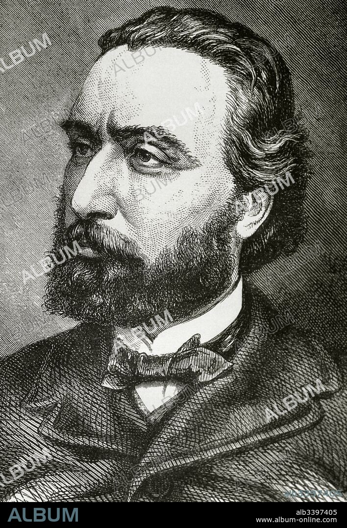 León Gambetta (Cahors,1838-Ville d'Avray,1882). Abogado y estadista francés, uno de los fundadores de la Tercera República, de la que fué presidente entre noviembre de 1881 y enero de 1882. Grabado. "Historia Universal", 1882.