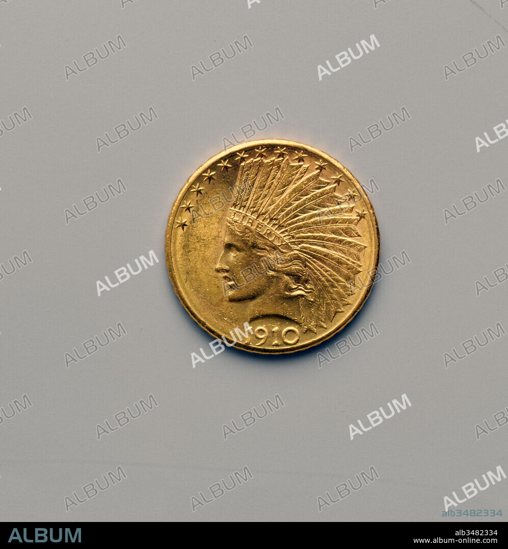 United States Ten-dollar Gold Piece, 1906–7, gold coin 1910, American, Gold, Diam. 1 1/16 in. (2.7 cm), Augustus Saint-Gaudens (American, Dublin 1848–1907 Cornish, New Hampshire), Having proclaimed the coinage produced by the United States Mint uninspired and commonplace, President Theodore Roosevelt invited Saint-Gaudens to redesign the ten- and twenty-dollar gold coins and the one-cent piece.