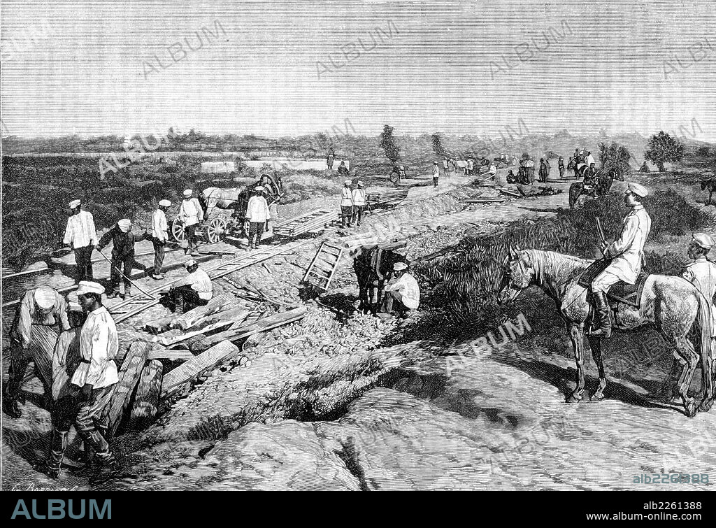 Construction train on the Trans - Caspian Railway (Central Asian Railway). Begun in 1879, the railway reached Smarkand in 1888, and in 1898 it extended to Tashkent and Andijan. Built by the Russians. From "Le Journal de la Jeunesse", Paris, 1888. Engraving.