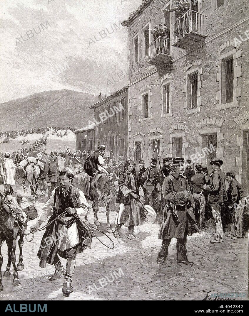 GUERRA GRECO-TURCA. (1897) " BATALLA DE DOMOKOS ". EL PRINCIPE NICOLAS EN UN BALCON DE LA VILLA. GRABADO DE  L'ILLUSTRATION' FRANCESA.