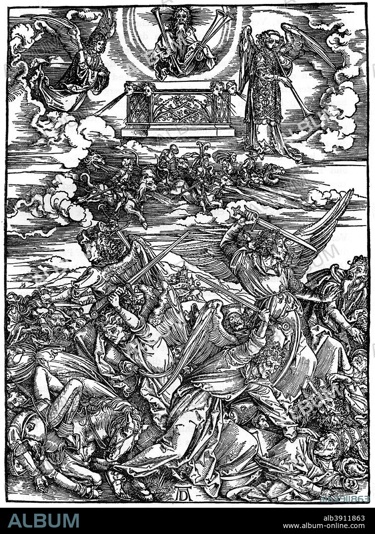 'The Four Vengeful Angels', 1498, (1936). A scene from the Apocalypse' or 'The Revelations of St. John the Divine. Found in the collection of the Bibliotheque Nationale, Paris, France. A print from Durer, Und Seine Zeit, by Wilhelm Waetzoldt, Grosse Phaidon Ausgabe, 1936.