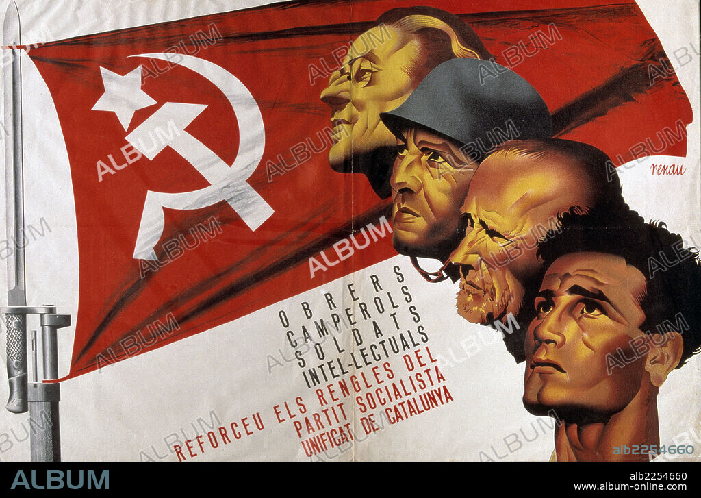 RENAU JOSEP. JOSEP RENAU. PINTOR ESPAÑOL. VALENCIA 1907-1982. CARTEL DE LA GUERRA CIVIL PARA EL PARTIDO SOLIALISTA UNIFICADO DE CATALUÑA AÑO 1938. BIBLIOTECA NACIONAL. MADRID.