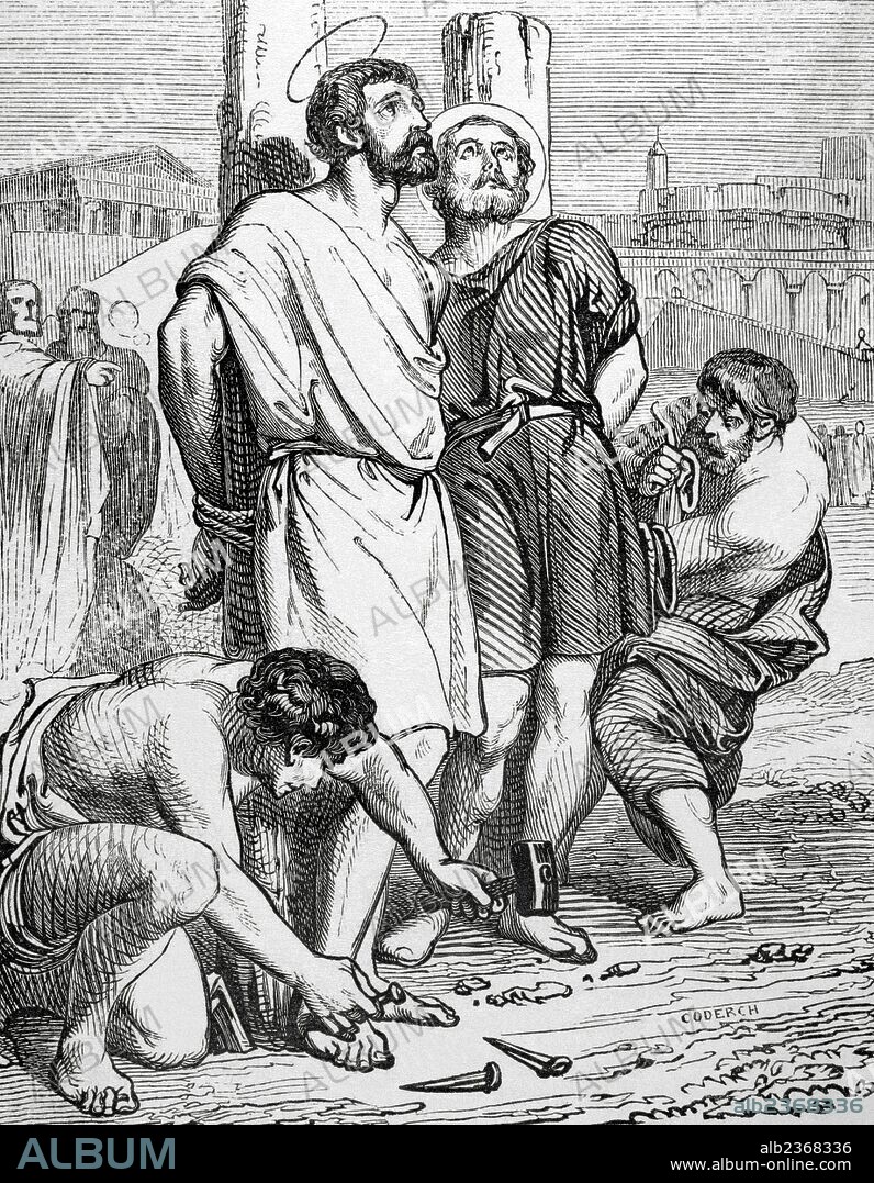 San Marcelino y San Marcos Mártires. Siglo III. Lod dos hermanos, detenidos por cristianos, fueron atados y clavados por los pies a un poste. Grabado por Coderch. Año Cristiano, 1852.