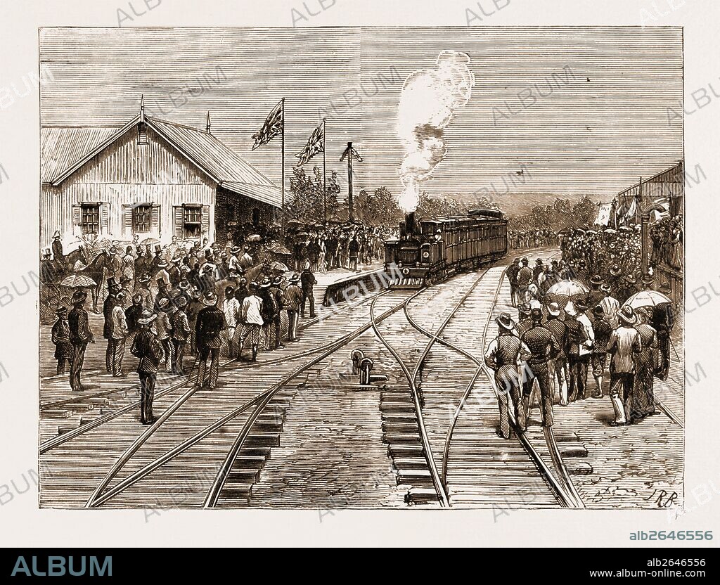 OPENING OF THE DURBAN AND PIETERMARITZBURG RAILWAY: ARRIVAL OF THE FIRST TRAIN AT PIETERMARITZBURG, SOUTH AFRICA, 1881.