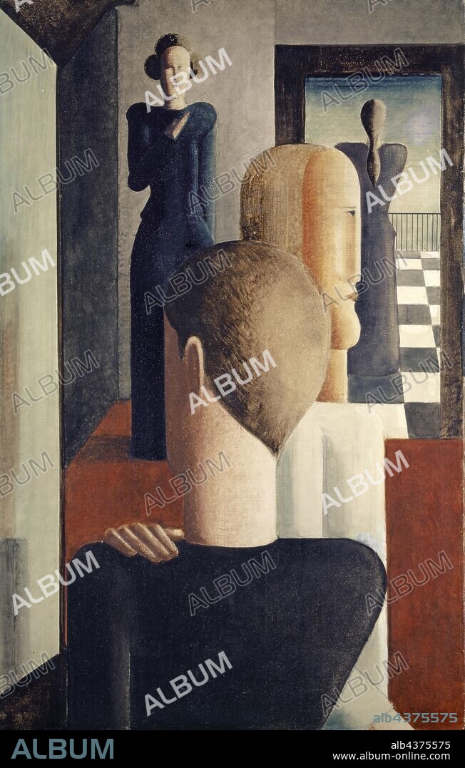 Five figures in the room, Roman, 1925, oil on canvas, 97.1 x 62.2 cm, inscribed with brush in black on the reverse, dated and signed: 5 figures in space, June 25, Osk Schlemmer, Oskar Schlemmer, Stuttgart 1888–1943 Baden-Baden.