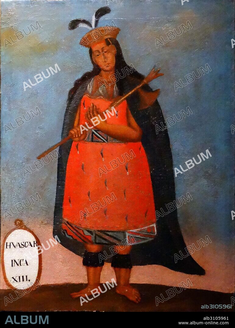 Spanish colonial portrait of the Inca King Huáscar Inca, 1503–1532. Sapa Inca of the Inca Empire from 1527 to 1532 AD.