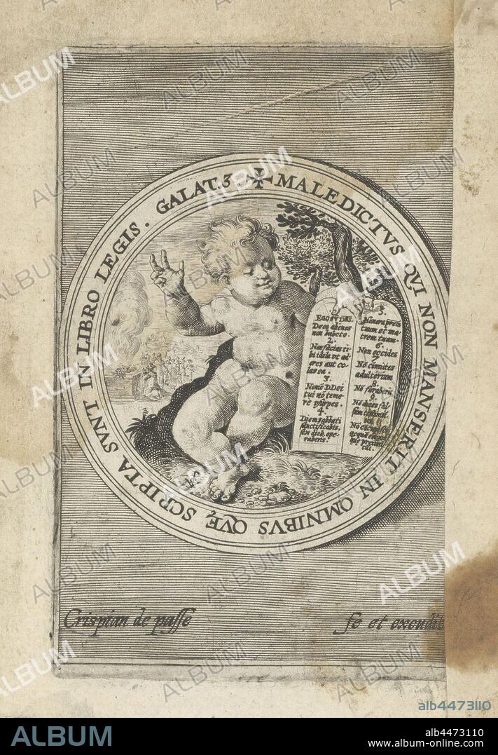 Putto with the tables of the law Putti depicting God's word (series title) Verbum Dei (series title), Medallion with a putto leaning on the tables of the law and making a blessing gesture. In the background an altar with a burnt offering. With a Latin inscription. The print is part of an album, angel (s) represented as child (ren), the new tables of the law (Exodus 34), offering a burnt offering, Jewish religion, Crispijn van de Passe (I) (mentioned on object), Keulen, 1594, paper, engraving, h 127 mm × w 80 mm.