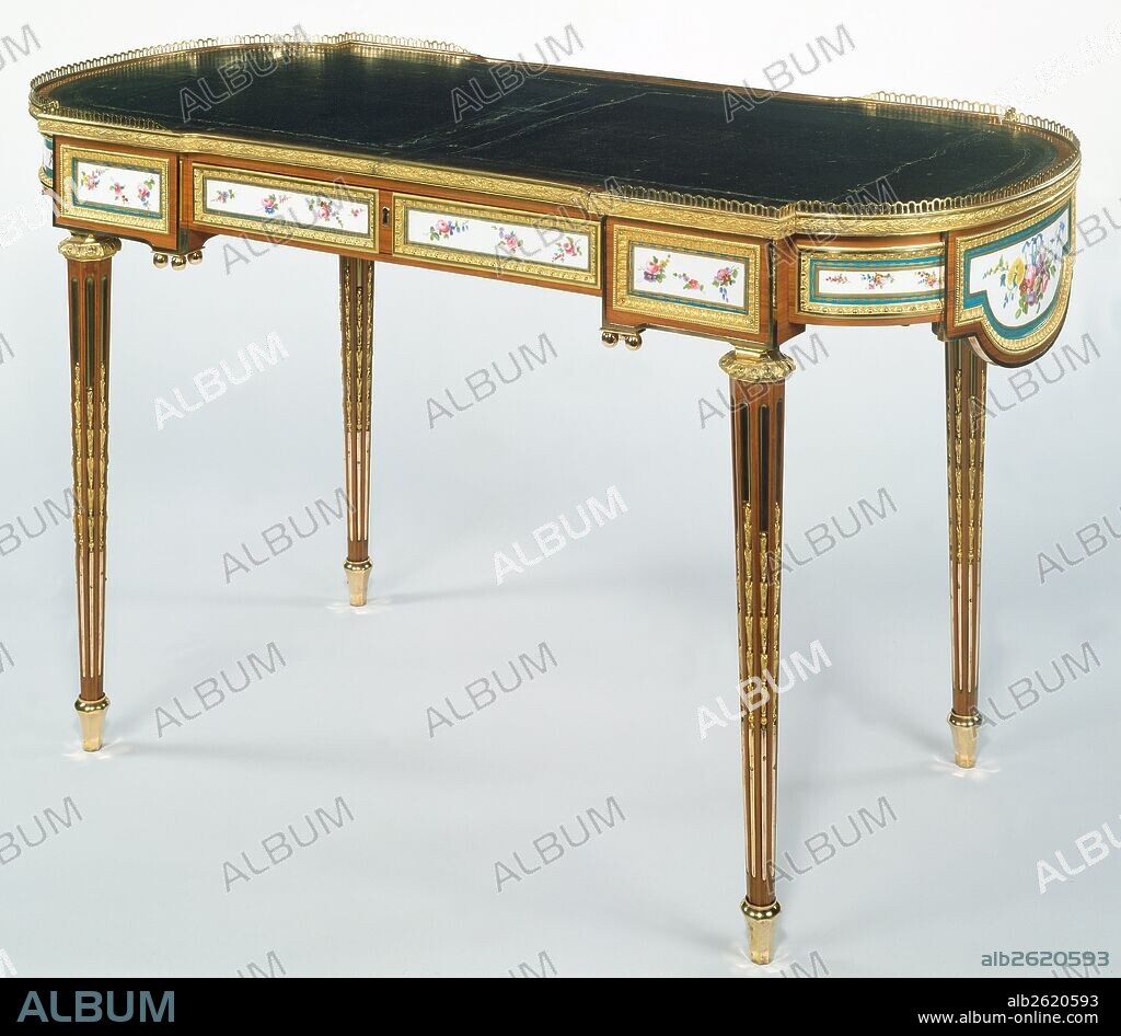 Writing Table (bureau plat); By Martin Carlin, French, born Germany, about 1730 - 1785, master 1766, At least seven plaques gilded by Jean-Baptiste-Emmanuel Vandé, French, 1716 - 1779, active 1753 - 1779, Sèvres Manufactory, French, active 1756 - present; Sèvres, France, Europe; about 1778; Oak veneered with tulipwood and set with 14 soft-paste porcelain plaques with bleu céleste ground color, polychrome enamel decoration, gilding; set with gilt bronze mounts, modern leather top; Object: H: 77.5 x W: 131.1 x D: 61.9 cm (H: 2 ft. 6 1/2 in. x W: 4 ft. 3 5/8 in. x D: 2 ft. 3/8 in.).