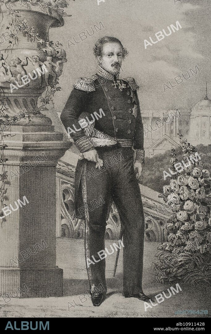 JULIO DONÓN. SPANISH ARTIST ACTIVE FROM 1840 TO 1880. LUIS CARLOS LEGRAND (FL. 1829-1858). SPANISH DRAUGHTSMAN AND LITHOGRAPHER.. Federico VII de Dinamarca (1808-1863). Rey de Dinamarca (1848-1863). Retrato. Dibujo por C. Legrand. Litografía por J. Donón. Reyes Contemporáneos. Tomo III. Publicado en Madrid, 1854.