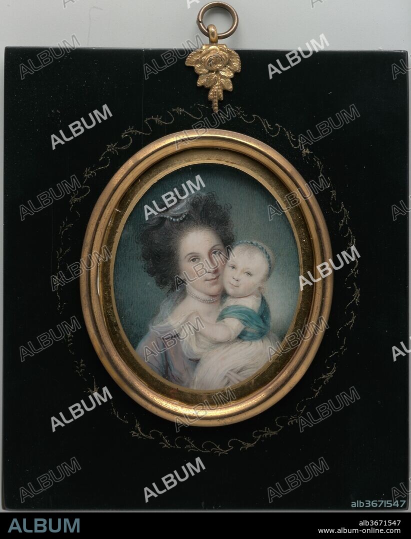 Mrs. Charles Willson Peale (Rachel Brewer) and Baby Eleanor. Artist: Charles Willson Peale (American, Chester, Maryland 1741-1827 Philadelphia, Pennsylvania). Dimensions: 2 1/2 x 2 in. (6.5 x 5.2 cm). Date: 1790.
In 1771, Peale painted a large portrait (whereabouts unknown) of his wife, Rachel (1744-1790), with their third child, Eleanor (1770-1773), to celebrate the child's first year of life. Their first two children had died in infancy. At the time, the artist wrote to his friend Edmond Jenings, "I have a fond Wife and Child and more coming, which my success in the Art I hope will enable me to provide for." Twenty years later, after Rachel's death, Peale copied the portrait in small format as a token of his affection for her.