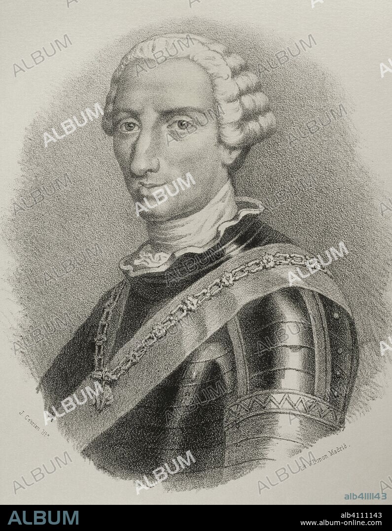 Carlos III de España (1716-1788). Rey de España desde 1759. Dibujo por J. Cebrián. Litografía. Retrato. Crónica General de España, Historia Ilustrada y Descriptiva de sus Provincias. Castilla-La Nueva, 1869. Biblioteca Histórico Militar de Barcelona, Cataluña, España.