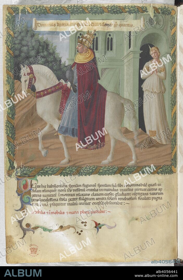Miniature of Pope Clement IV riding out of Rome. Vaticinia de Pontificibus. Italy, Central (Florence); 2nd quarter of the 15th century. Source: Harley 1340, f.4v. Language: Latin.