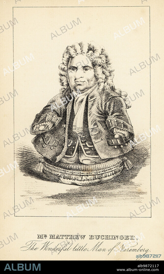 Matthias Buchinger, German artist, magician and performer born without hands and feet, 1674-1722. Matthew Buchinger, the Wonderful little Man of Nuremberg. Lithograph after a stipple engraving by Robert Cooper after self-portrait by Matthew Buchinger from Henry Wilson and James Caulfields Book of Wonderful Characters, Memoirs and Anecdotes, of Remarkable and Eccentric Persons in all ages and countries, John Camden Hotten, Piccadilly, London, 1869.