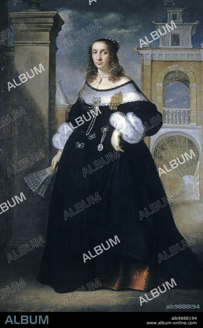 LUIGI PRIMO. Portrait of Margherita, Wife of Baldassare Vandergoes, 1655-60. The rich attire of this woman, complete with elaborate jewels and a delicate pocket watch at her waist, declares her privileged social status as do her fan and gesture of lifting her skirts off the dirty pavement. She can be identified as Margherita, wife of the Flemish merchant Baldassare Vandergoes (Baltasar van der Goes). While known documents do not identify her family with certainty, it is clear that she is the daughter of a properous local family.