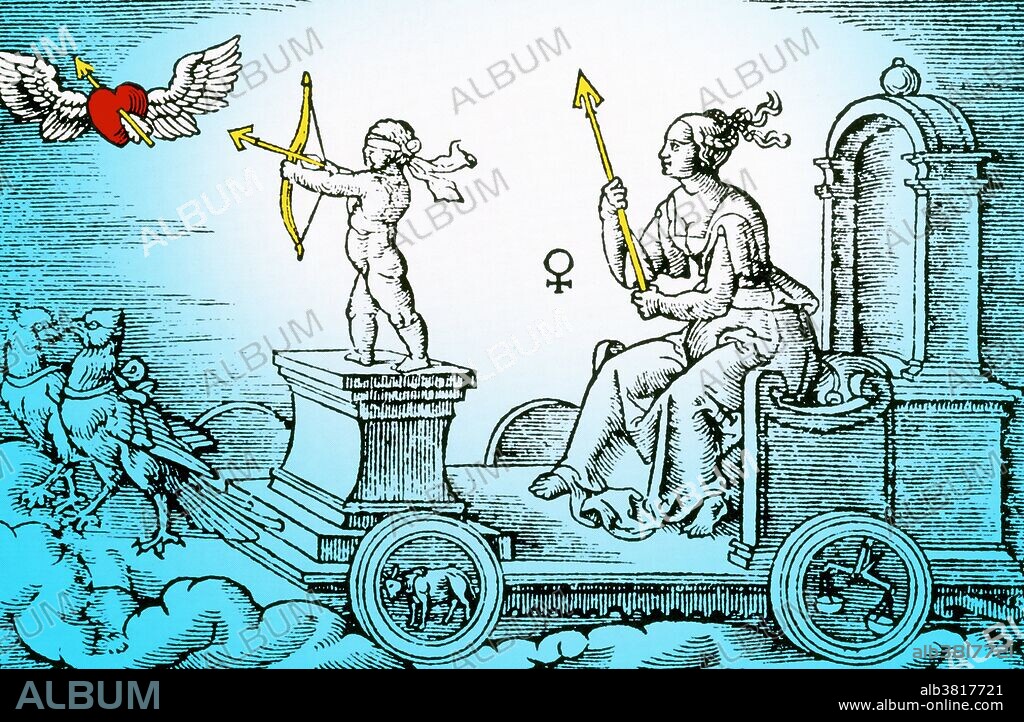 Venus, Roman goddess of love, beauty and fertility, driven in her chariot by her blindfold son, Cupid. Her chariot wheels show Taurus and Libra as her 'houses'. The symbol in the center is Venus's symbol, and also represents the female sex. Venus is the Roman goddess of love, beauty, desire, sex, fertility, prosperity and victory. In Roman mythology, she was the mother of the Roman people through her son, Aeneas, who survived the fall of Troy and fled to Italy. Venus was central to many religious festivals, and was revered in Roman religion under numerous cult titles. The Romans adapted the myths and iconography of her Greek counterpart Aphrodite for Roman art and Latin literature. In the later classical tradition of the West, Venus becomes one of the most widely referenced deities of Greco-Roman mythology as the embodiment of love and sexuality. In myth, Venus-Aphrodite was born of sea-foam.