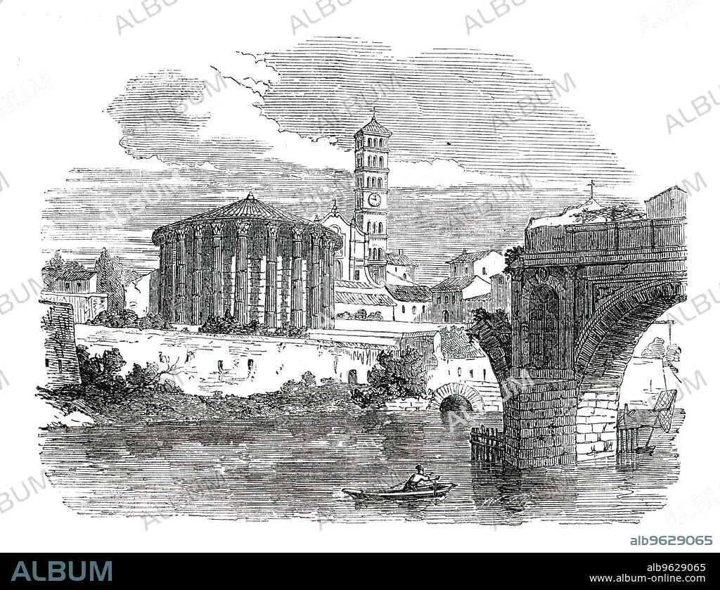 Temple of Vesta - Rome, 1850. 'Here...on the Tiber's banks, stands one of the best preserved relics of Imperial Rome - the ruins of one of the many temples of Vesta which the city contained. It is a circular structure, with a peristyle of fluted Corinthian columns of white marble, and dates from the reign of Marcus Antoninus, in the middle of the second century of the Christian era. Its full proportions are not perceptible until, approaching closely, it is seen to be imbedded in the accumulated soil, which has been excavated all round to the old level...It was formerly used as a Christian church, but is so no longer...The view...shows the temple [and] the Cloaca Maxima, where it opens into the Tiber...and on the right the ruins of the Ponte Rotto, the three arches of which are all that now remain of the ancient Pons Palatinus, the first stone bridge that was ever built over the Tiber'. From "Illustrated London News", 1850.