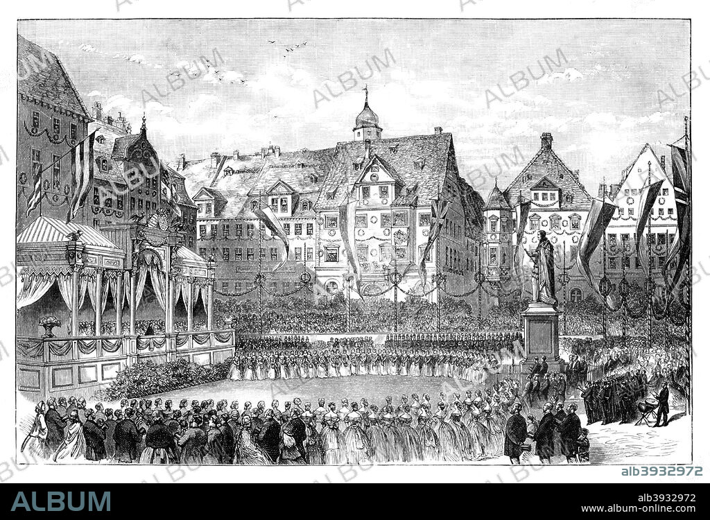 Queen Victoria unveiling a statue of Prince Albert, Coburg, Germany, 1865. Ceremony to inaugurate a statue of Victoria's husband Prince Albert (1819-1861), who died of typhus. Illustration from The Life & Times of Queen Victoria, by Robert Wilson, Vol III.