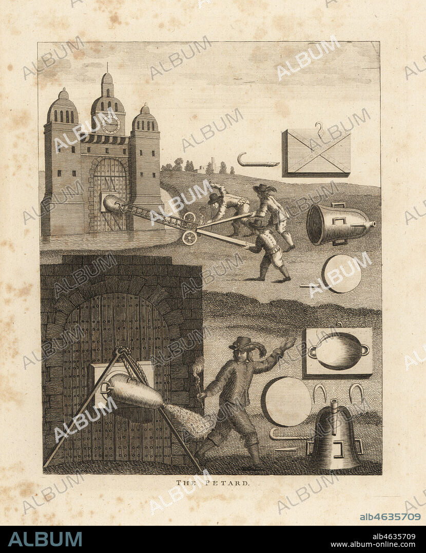 The petard, a medieval explosive device in the form of a metal cone filled with gunpowder attached to a gate to blow it open. Invented in France in 1579 for Henri IV, King of Navarre. Copperplate engraving from Francis Grose's Military Antiquities respecting a History of the English Army, Stockdale, London, 1812.