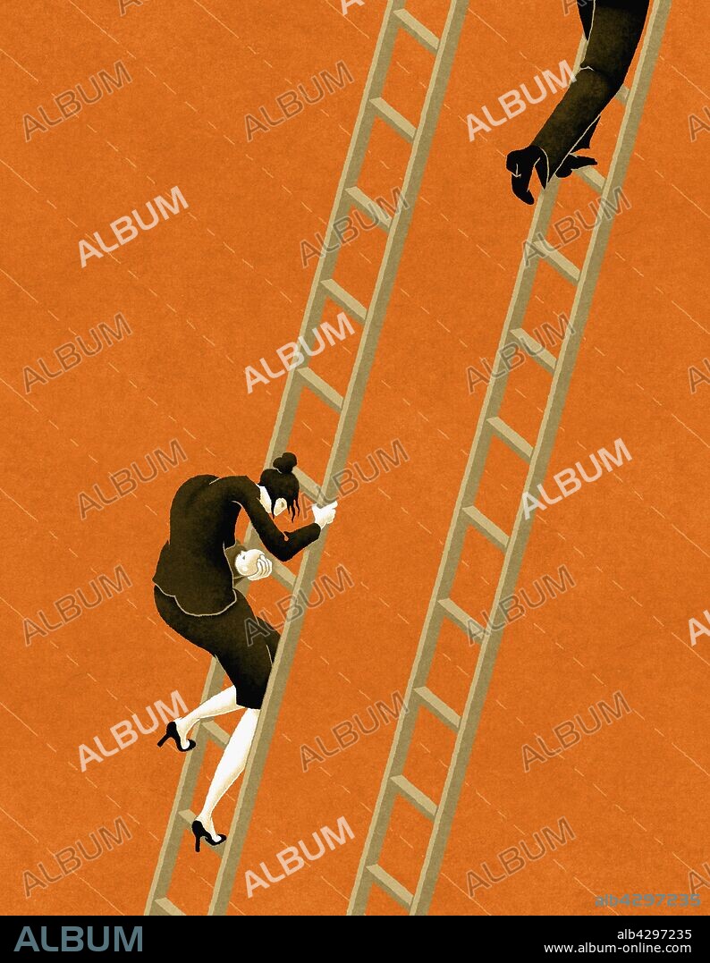 Working woman descending ladder while co-worker ascends.