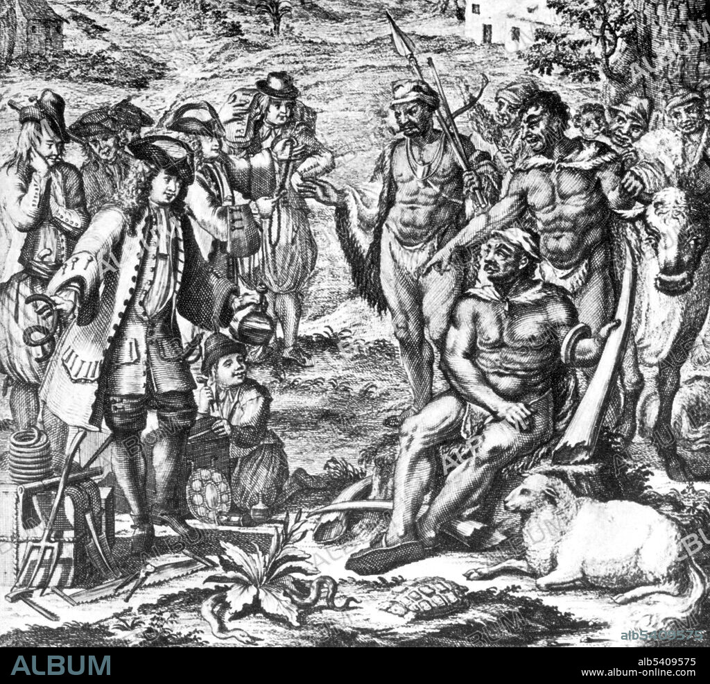 Peter Kolbe (1675-1726) was a Dutch astronomer and naturalist. He was sent to the Cape of Good Hope with a mandate to compile a comprehensive description of South Africa and for astronomical and surveying research. Kolbe is best remembered for his publication Naauwkeurige beschryving van de Kaap de Goede Hoop. His account devotes 45 pages to mammals, 22 to birds, 24 to fishes, and 20 pages to snakes, insects and other animals. He was appointed as the first official astronomer in South Africa and worked at the Cape between 1705-13, providing a detailed account of day-to-day life at the Cape, also describing the geography, climate, flora and fauna, followed by an accurate study of the Hottentots (Khoikhoi, nomadic pastoralist non-Bantu indigenous population of southwestern Africa), covering their language, religion, lifestyle and customs. No artist credited, undated.