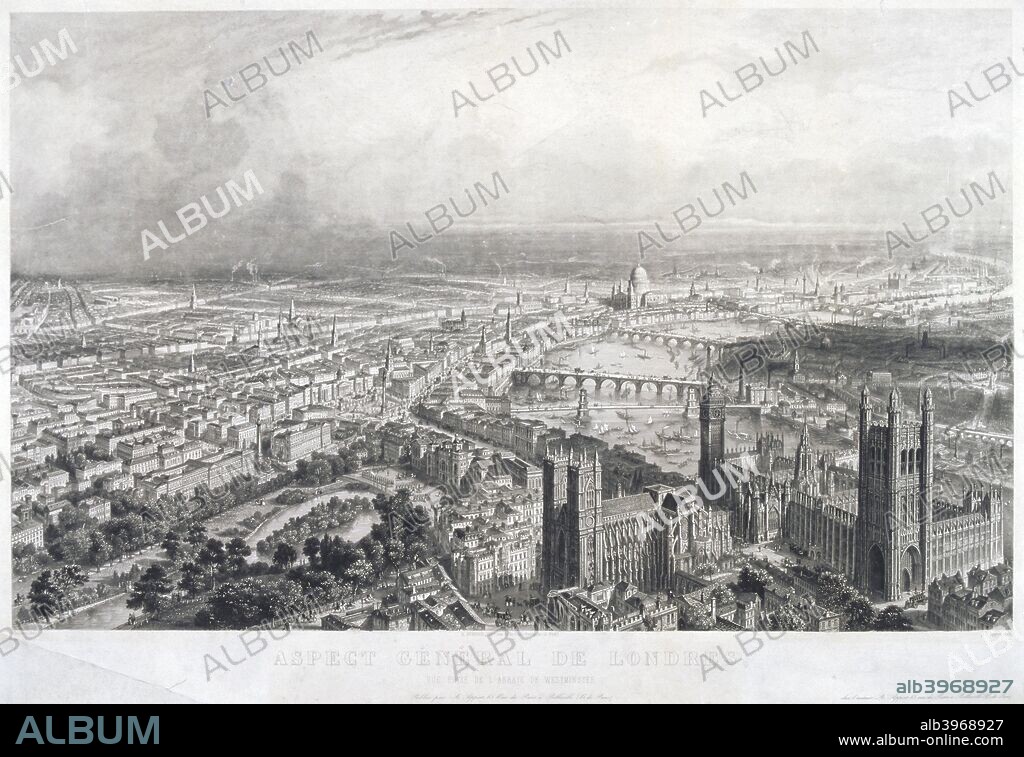 Aerial view of London, 1850. View of London looking north-east, from Westminster and showing the course of the River Thames; in the foreground are Westminster Abbey, with the Houses of Parliament on the right, which show the completed Clock and Victoria Towers and St James's Park to the left.
