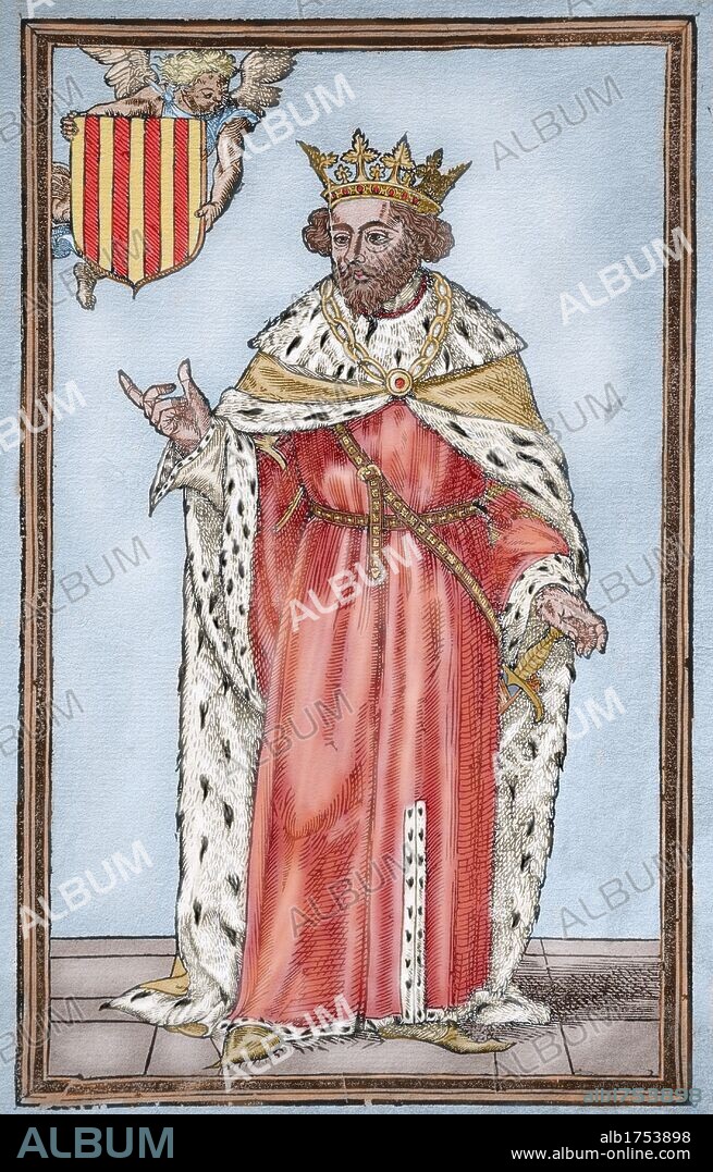 JAIME I "El Conquistador" (Montpellier, 1208Valencia, 1276). Conde de Barcelona y rey de Aragón (1213-1276), de Valencia (1239-1276) y de Mallorca (1229-1276). Grabado de la Primera Edición completa de la "CRONICA" impresa por Joan de Mey en Valencia en el año 1557. Coloreado. Biblioteca Nacional. Madrid. España.