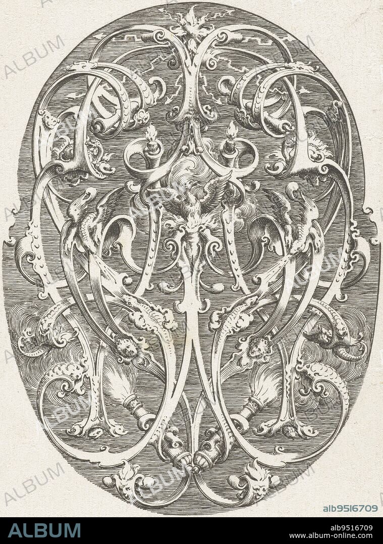 Oval with ornamental tendrils. Center with eagle above fire, fire Ovals with the four elements (series title), print maker: Hans Janssen, (mentioned on object), Hans Janssen, publisher: Hans Janssen, (possibly), Amsterdam, (possibly), 1615 - c. 1630, paper, etching, h 120 mm × w 78 mm.
