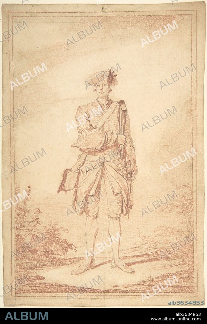 Standing Soldier: Garde Française. Artist: Charles Dominique Joseph Eisen (French, Valenciennes 1720-1778 Brussels). Dimensions: 9 7/16 x 6 5/16 in.  (24 x 16 cm). Former Attribution: Formerly attributed to Antoine Watteau (French, Valenciennes 1684-1721 Nogent-sur-Marne). Date: 18th century.
Until 1983, this drawing was thought to be by Antoine Watteau.  We now know it matches similar studies of French guardsmen by Eisen and was engraved as an illustration for the military manual "Positions des soldats de l'infanterie pendant la manoeuvre du fusil" (Paris, 1751-52).