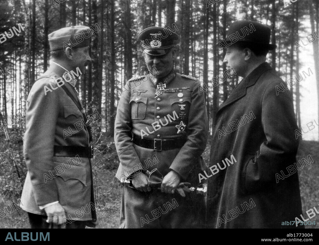 Risto Ryti, Carl Gustaf Mannerheim and Wilhelm Keitel. The Finnish president Risto Ryti and the Finnish marshal Carl Gustaf Mannerheim talking with the German fiedmarshal Wilhelm Keitel during a visit to the sector of Leningrad, present Saint Petersburg. Leningrad, June 1942.