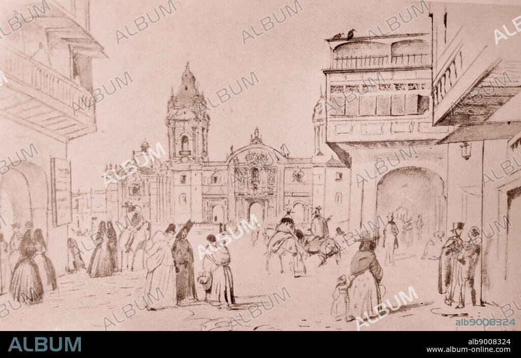 Sketch depicting Mayor Plaza in the Colonial Lima by Johann Moritz Rugendas (1802-1858) German painter. Dated 19th Century.