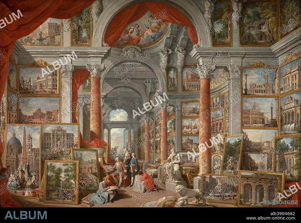 GIOVANNI PAOLO PANINI. Picture Gallery with Views of Modern Rome. Date/Period: 1757. Painting. Oil on canvas. Height: 1,702 mm (67 in); Width: 2,445 mm (96.25 in).