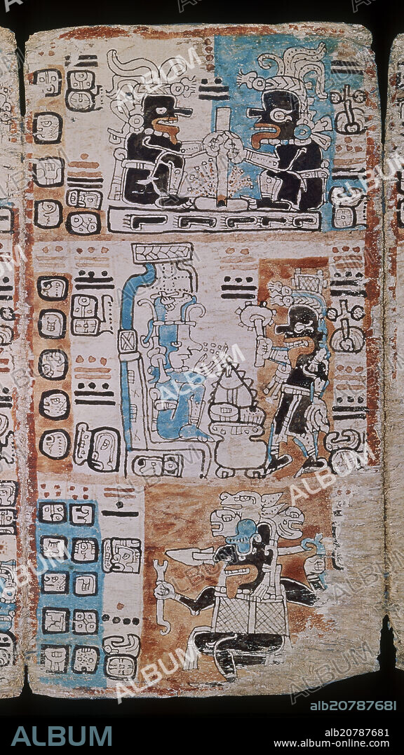 PAGINA DE CODICE TRO-CORTESIANO O DE MADRID - CODICE MAYA HECHO ENTRE EL SIGLO XIII Y XV - DIOSES Y HOMBRES, CONJ. 002294.