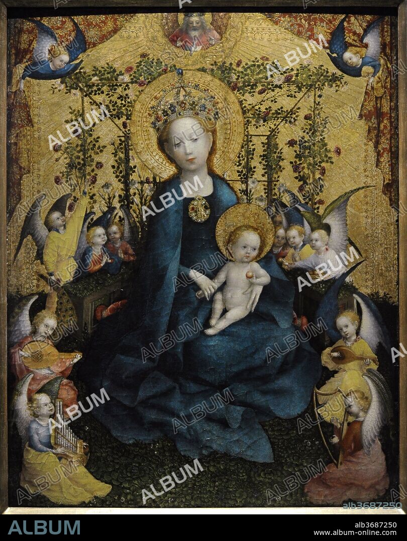 Stefan Lochner (c. 1400/1410-1451). Pintor alemán. La Virgen del rosal, hacia 1440-1442. Madera de roble. Museo Wallraf-Richartz. Colonia. Alemania.