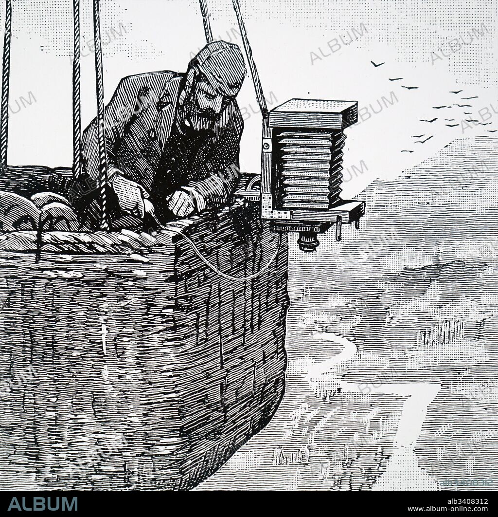 Engraving depicting Gaston Tissandier taking photographs from his hot-air balloon. Gaston Tissandier (1843-1899) a French chemist, meteorologist, aviator and editor. Dated 19th Century.