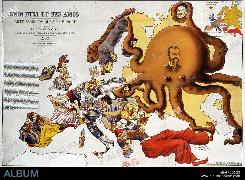 'John BULL et ses amis'. Carte geographique comique et anthropomorphique de l'Europe realisee en 1900 par Fred. W. ROSE. Credit : Collection NB/KHARBINE-TAPABOR.