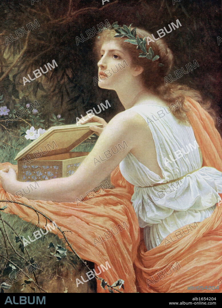 Pandora (the 'all-gifted') first mortal woman according to Hesiod. Sent by Zeus as a gift to Epithemus, se brought a box which, when opened, released all world's evils. Only Hope remained. After a Victorian painting.