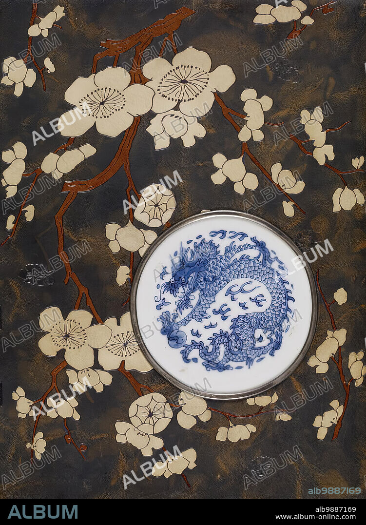 Book cover with blossom and ceramic dragon , 1878. Front cover of "A Catalogue of Blue and White Nankin Porcelain Forming the Collection of Sir Henry Thompson". British surgeon and polymath Thompson collaborated on the illustrations with James McNeill Whistler, one of the most prominent artists of the Aesthetic Movement. For the binding, Charles Meunier incorporated porcelain plaques into his design of prunus blossoms and featured Whistler's famous abstract butterfly signature.