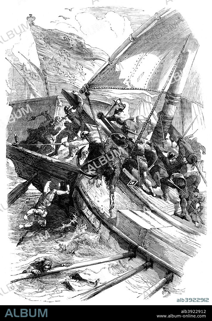 The Battle of Sluys, 24th June 1340. The naval Battle of Sluys was one of the opening conflicts of the Hundred Years' War. It is significant as it resulted in the destruction of most of France's fleet ensuring that the remainder of the war would mostly be fought in France and not carried over to an invasion of England. From Cassell's Illustrated History of England.