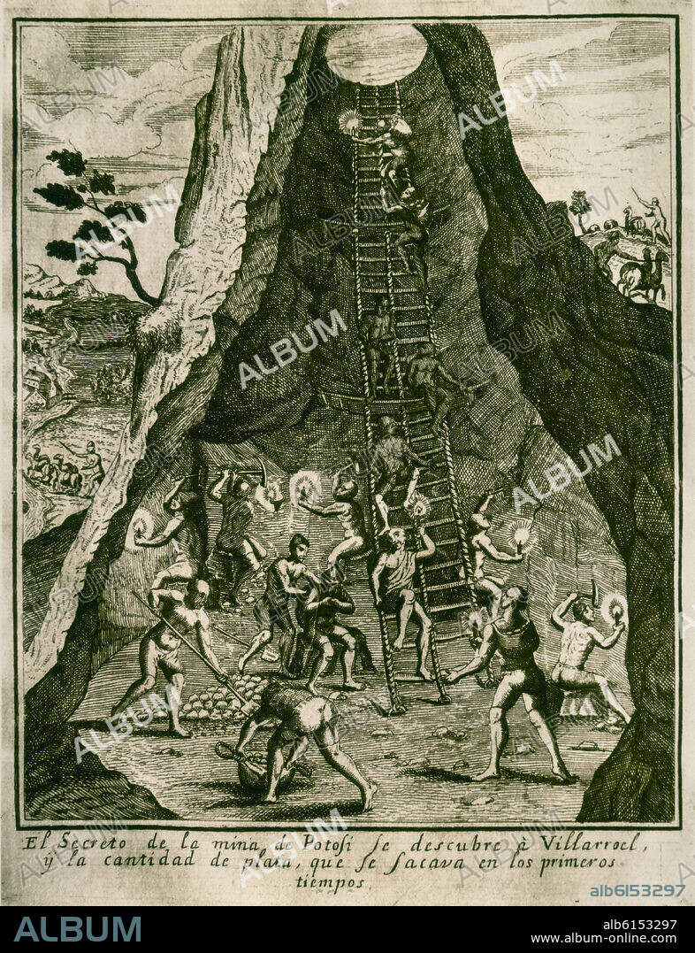 GRABADO S XVI - VISTA INTERIOR DE LA MINA DE PLATA DE POTOSI.