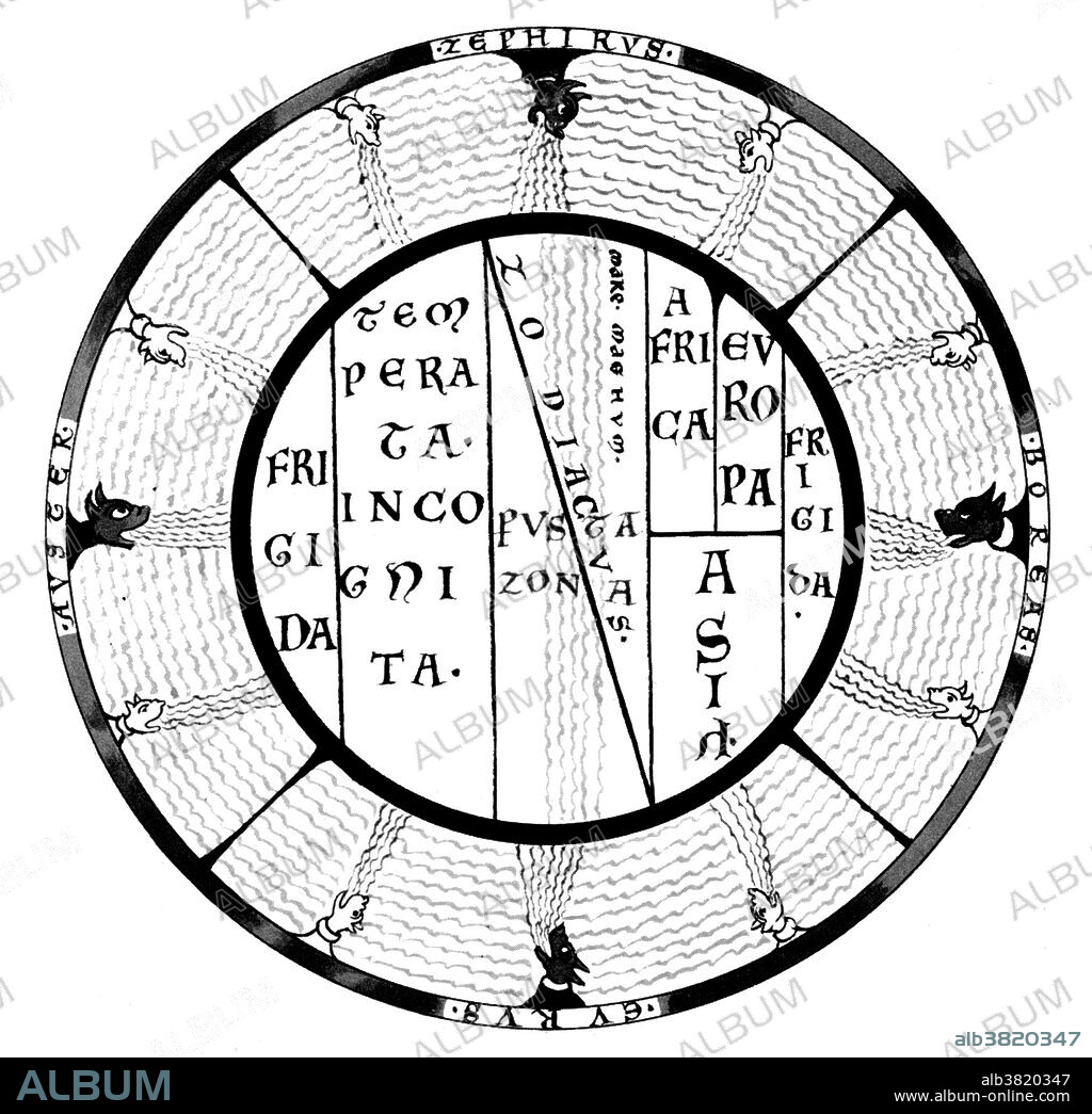 Macrobius T and O map of the Medieval world with the climatic zones and the Mare Magnum, the Great Ocean which was thought to separate the inhabited seanworld from an unknown continent in the south. Macrobius Ambrosius Theodosius was a Roman who flourished during the early fifth century. His Commentarii in Somnium Scipionis (Commentary on the Dream of Scipio) allowed him to discourse upon the nature of the cosmos, transmitting much classical philosophy to the later Middle Ages. The T and O map is representing only the top-half of the spherical Earth. It was a projection of the inhabited parts, the northern temperate half of the globe. Since the southern temperate clime was considered uninhabited, there was no need to depict them on a world map. It was then believed that no one could cross the torrid equatorial clime and reach the unknown lands on the other half of the globe. These imagined lands were called antipodes. The T is the Mediterranean, the Nile, and the Don (formerly called the Tanais) dividing the three continents, Asia, Europe and Africa, and the O is the encircling ocean. Jerusalem was generally represented in the center of the map. Asia was typically the size of the other two continents combined. Because the sun rose in the east, Paradise (the Garden of Eden) was generally depicted as being in Asia, and Asia was situated at the top portion of the map.