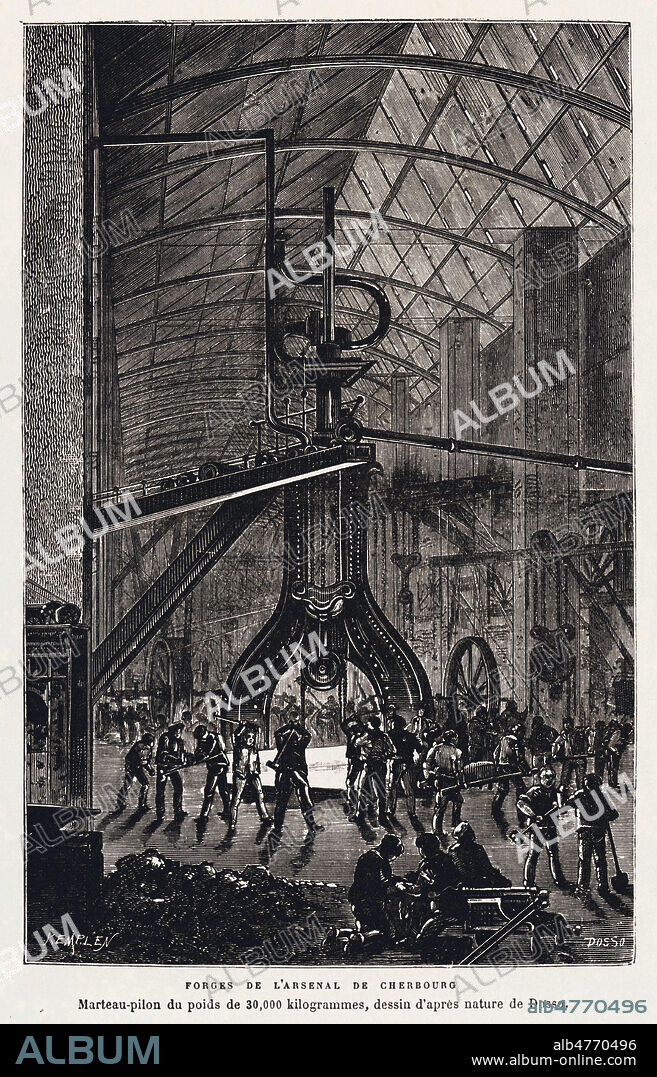 Forges de l'Arsenal de Cherbourg. Marteau Pilon de 30000 kg. Illustration de 1879 par DOSSO (19 s.) pour Cherbourg par G. LACOUTURE (19 s.) publie dans Le Tour de France. Credit : Collection Jonas/Kharbine-Tapabor.