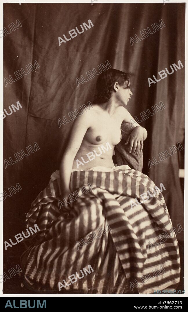 EUGÈNE DURIEU. [Nude Study]. Artist: Eugène Durieu (French, Nîmes 1800-1874 Geneva). Dimensions: Image: 20.5 x 12.8 cm (8 1/16 x 5 1/16 in.)
Mount: 32.3 x 27 cm (12 11/16 x 10 5/8 in.). Date: 1853-54.
Durieu was a lawyer and early advocate and practitioner of photography in France. In 1853-54 he made a series of photographic studies of nude and costumed figures as models for artists. The French Romantic painter Eugène Delacroix helped him pose the figures and later praised the results, from which he and other artists sketched. Often photographers posed their models in attitudes based on sanctioned works of classical statuary or Old Master paintings, ostensibly providing artists with photographic académies as an alternative to live models. The mantle of high art also served to cloak (albeit somewhat transparently) the nakedness of such images and thereby protect the photographer from the actions of the censor and the viewer from the scorn of society.